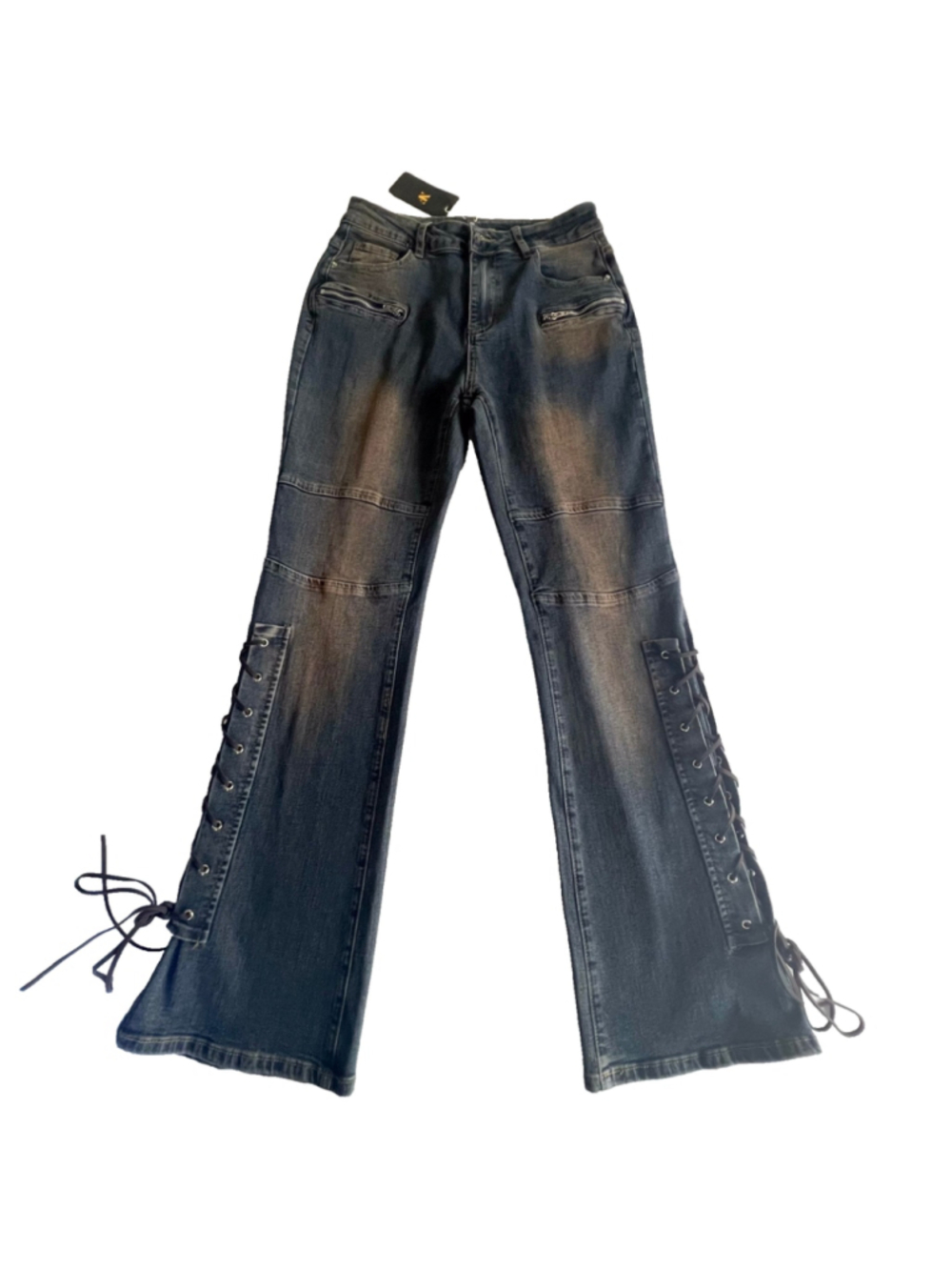 NWT Vtg Inspired Flare Lace Up Dark Wash Denim Pant Y2K Festival Boho Moto Sz M
